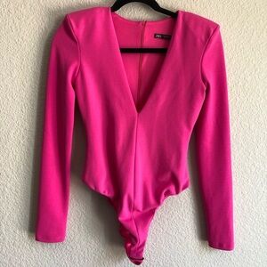 Zara XS hot pink long sleeve thong body suit deep v with shoulder pads evening